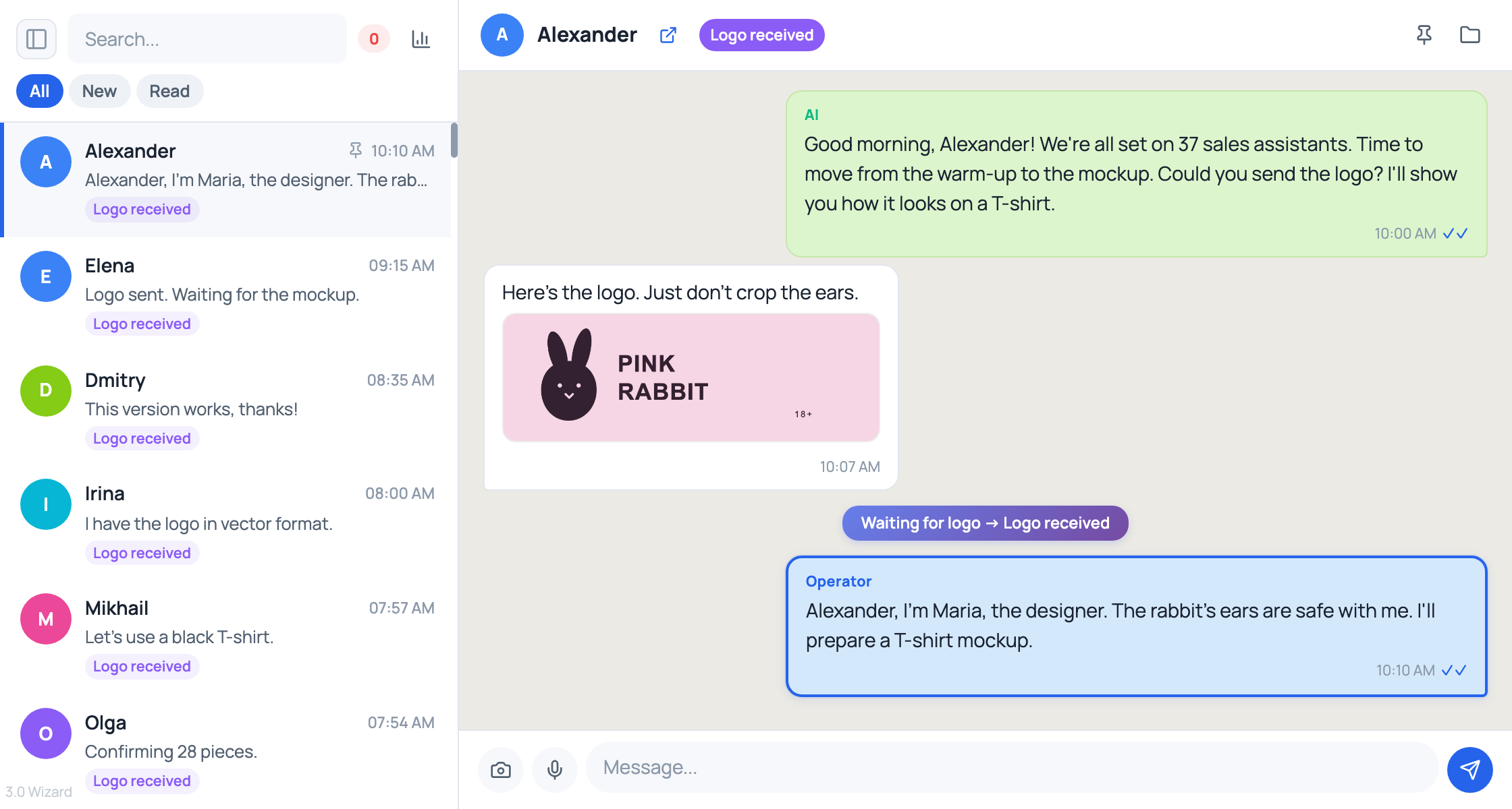 The application panel: Alexander is selected in a long conversation list. The chat shows the logo, the Waiting for logo → Logo received transition and a reply from Maria, the designer.