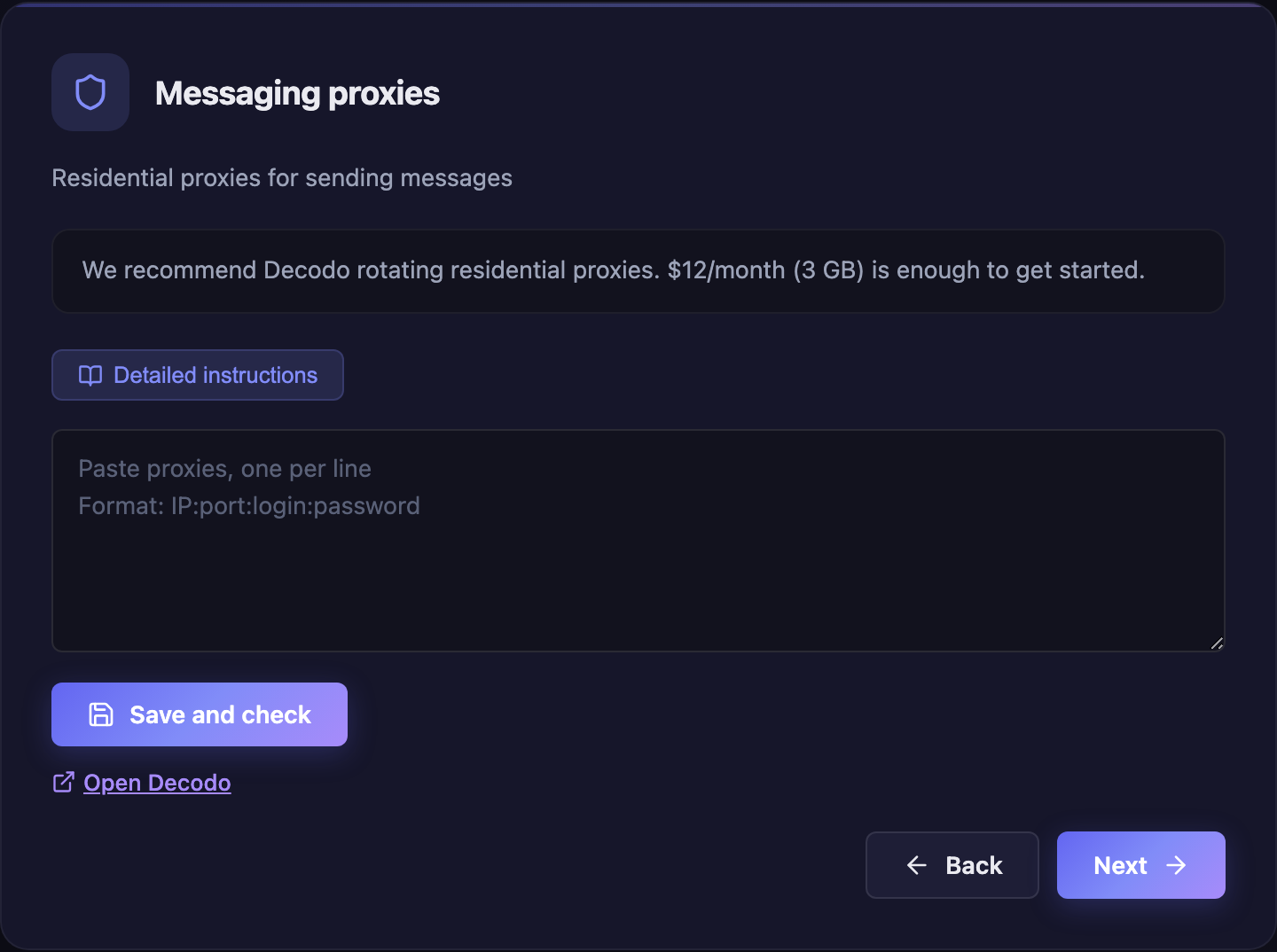 Part of an actual assistant step: the Detailed instructions button, an empty proxy field and the Save and check button are next to each other.