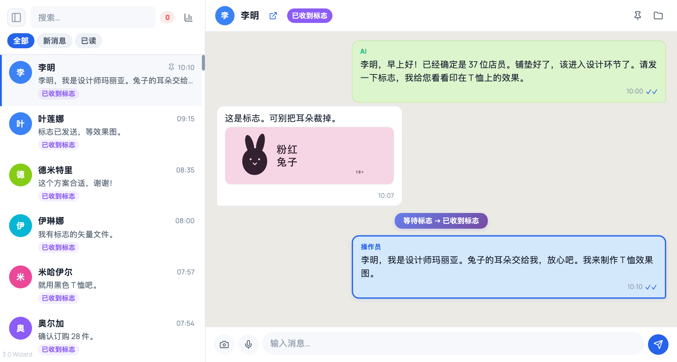 软件面板：在长对话列表中选中了李明。聊天中可以看到标志、“等待标志 → 已收到标志”的阶段转移，以及设计师玛丽亚的回复。