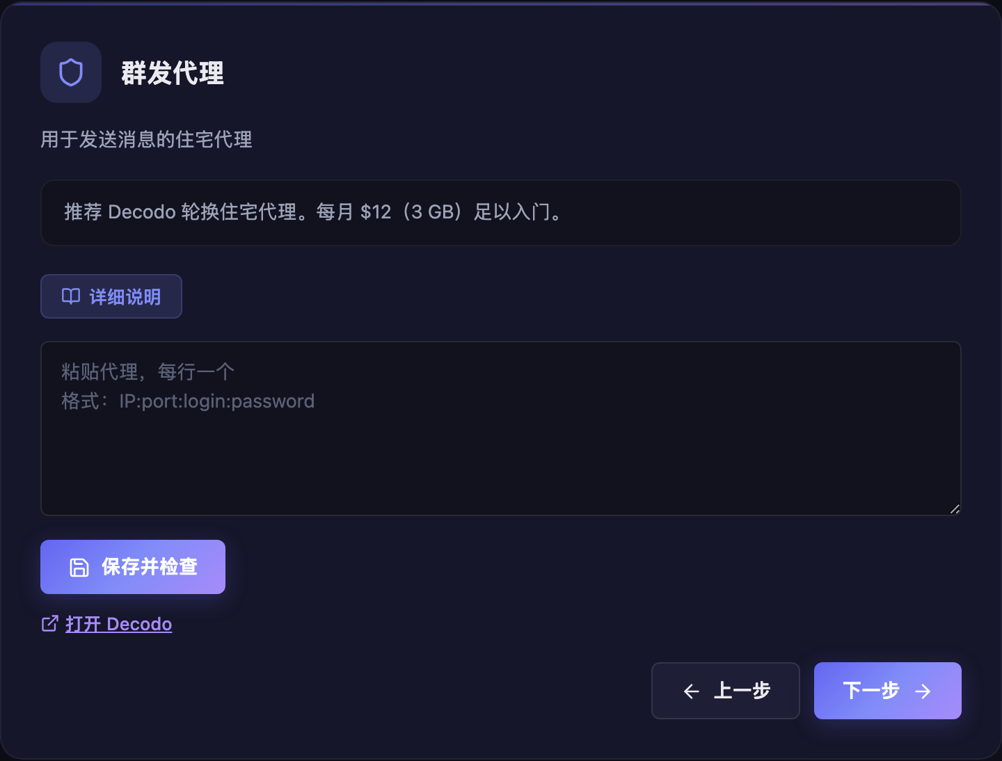 真实助手步骤的局部画面：“详细说明”按钮、空白代理输入框以及“保存并检查”按钮位于同一处。